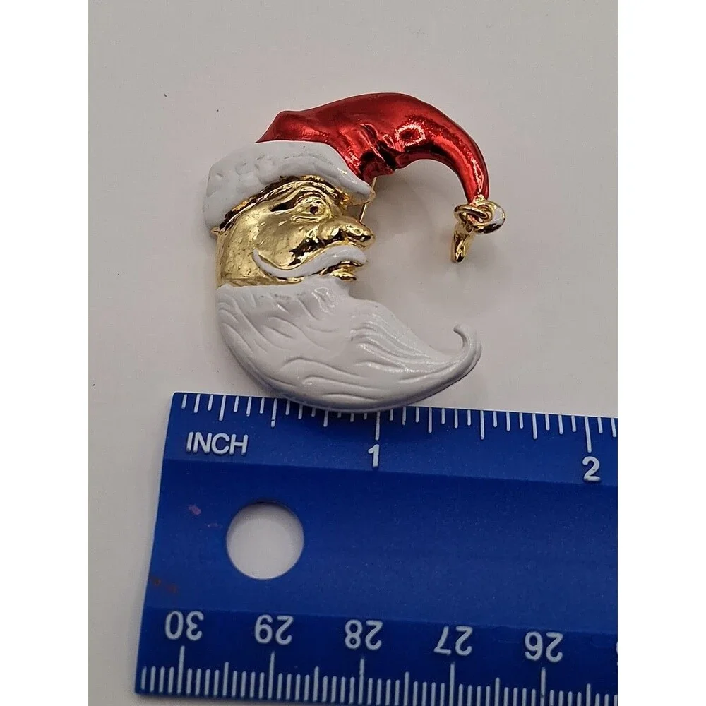 Vintage Crescent Moon Santa Claus Brooch Pendant‎ Gold Tone Metal Enamel 2